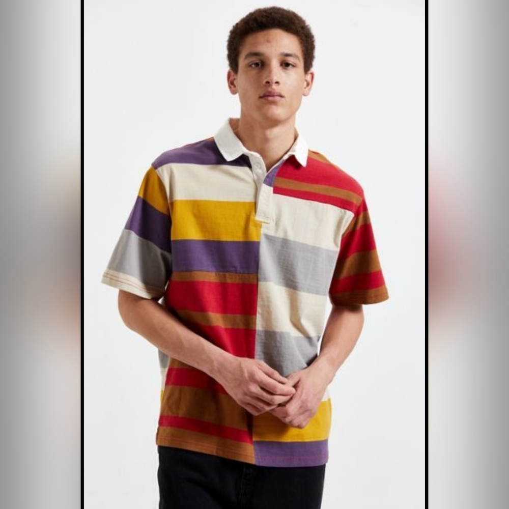 Mens Urban Outfitters Color Block Striped Collared Shirt Size Small Patchwork